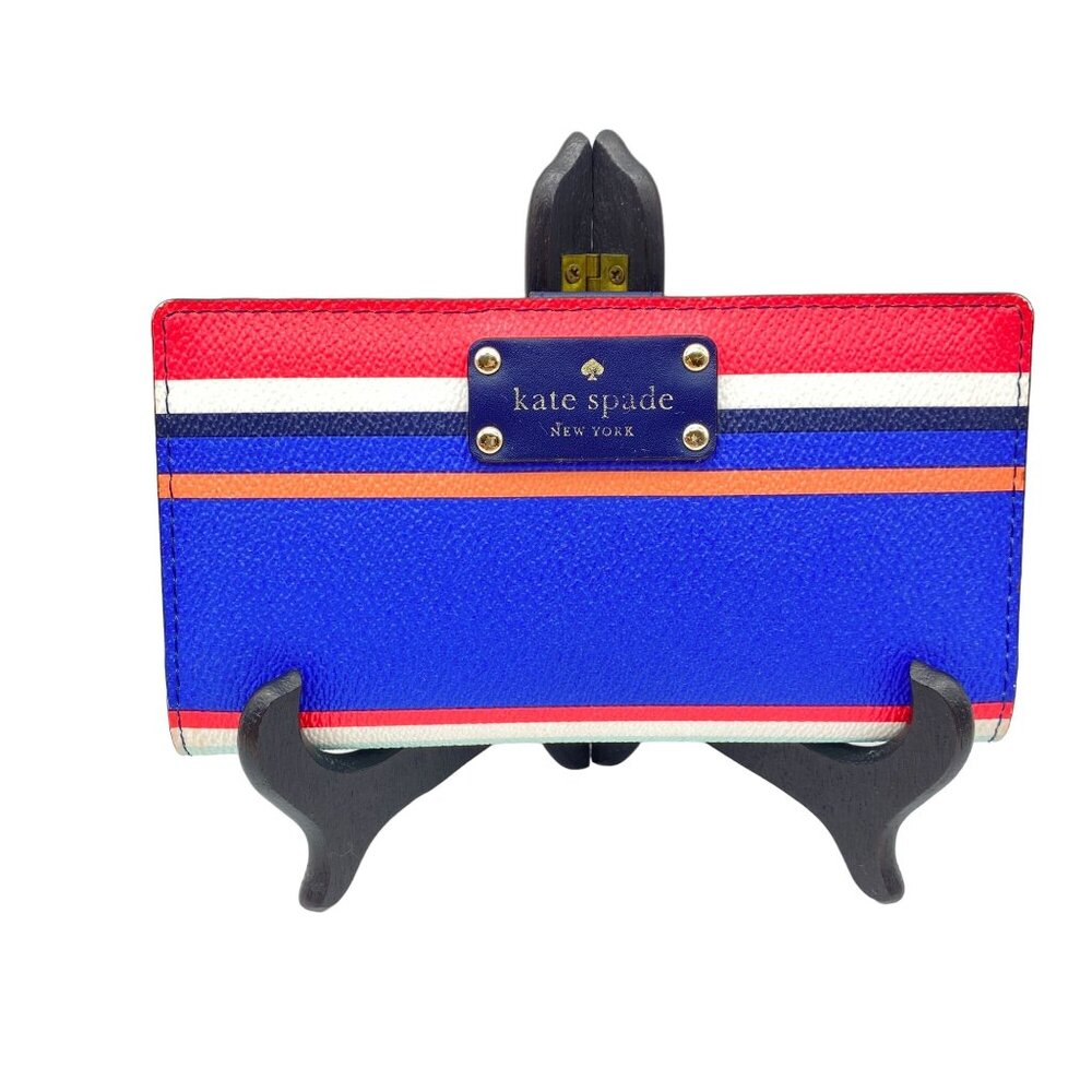 Kate Spade slim bi fold wallet Stripe blue pink button shut pocket book leather‎